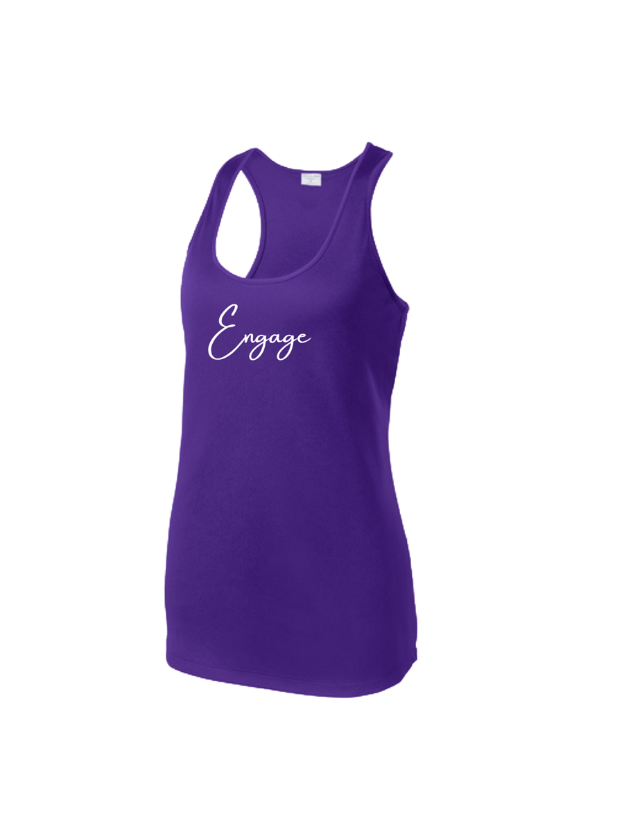 Purple Women's Victory Racer Back Tank by EngagePickleball with "Engage" in white script, shown at an angle.