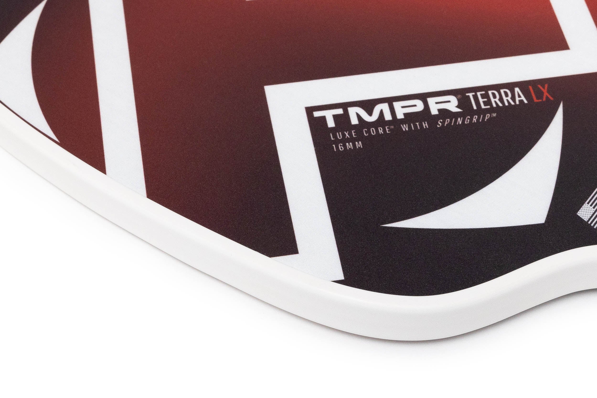 Pickleball paddle by TMPR Sports, black, red, and white patterned face with 'TMPR Terra LX' text and white edge guard.