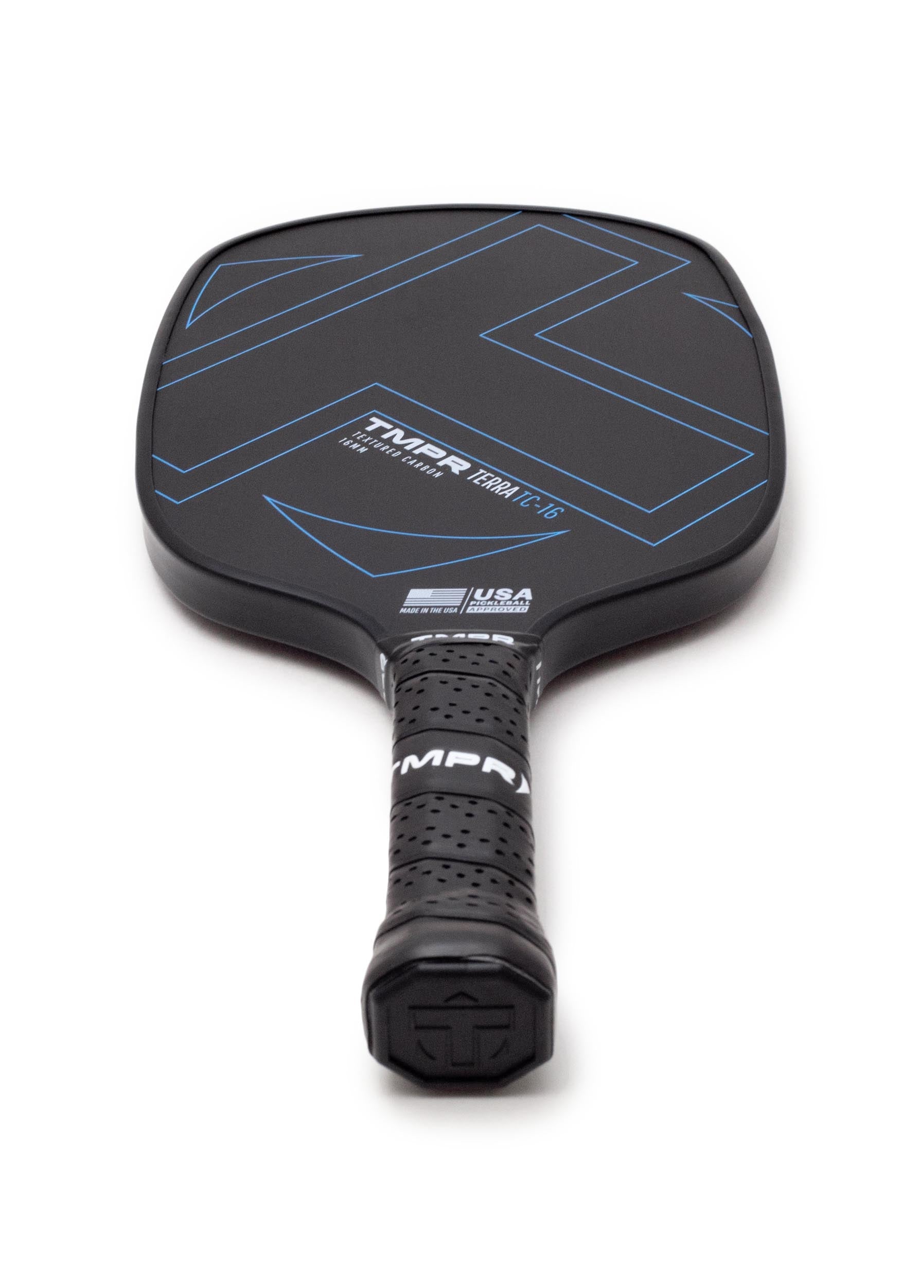 Black pickleball paddle by TMPR Sports, with a textured carbon surface, blue geometric lines, and a black grip.