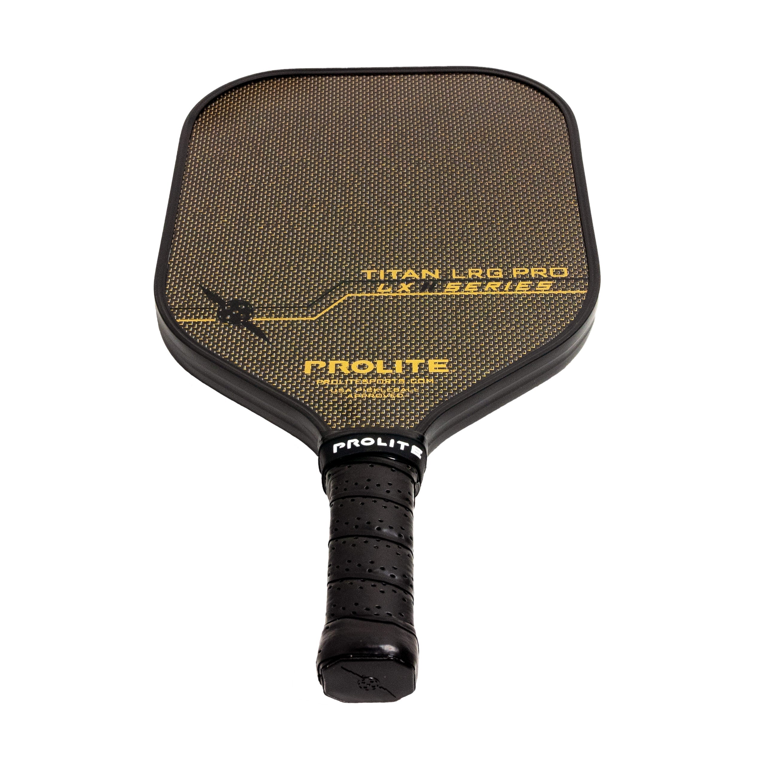 Black and gold textured pickleball paddle by Prolite, with "Titan LRG Pro LX Series" text and black grip.