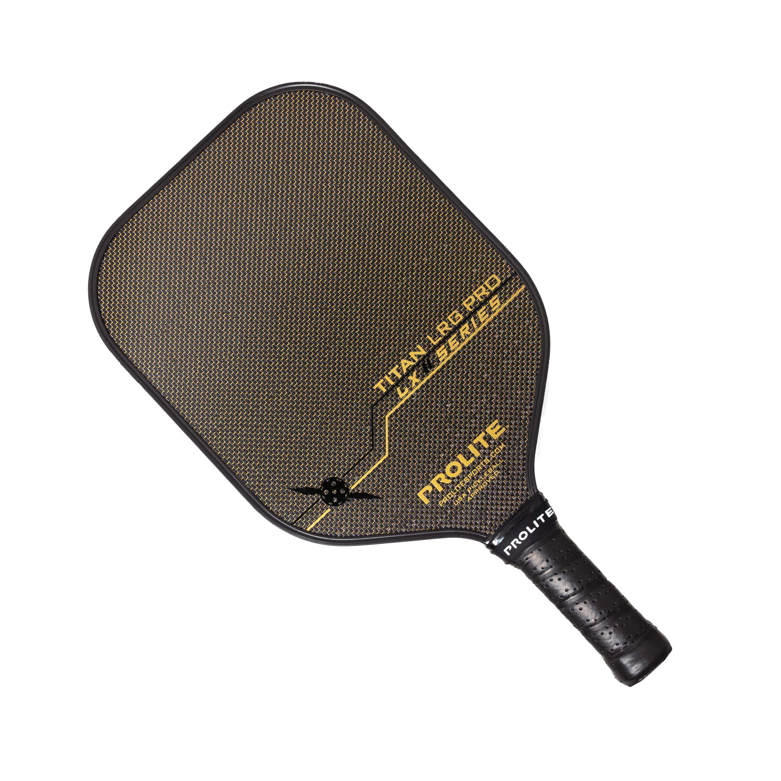 A black and gold Prolite pickleball paddle.