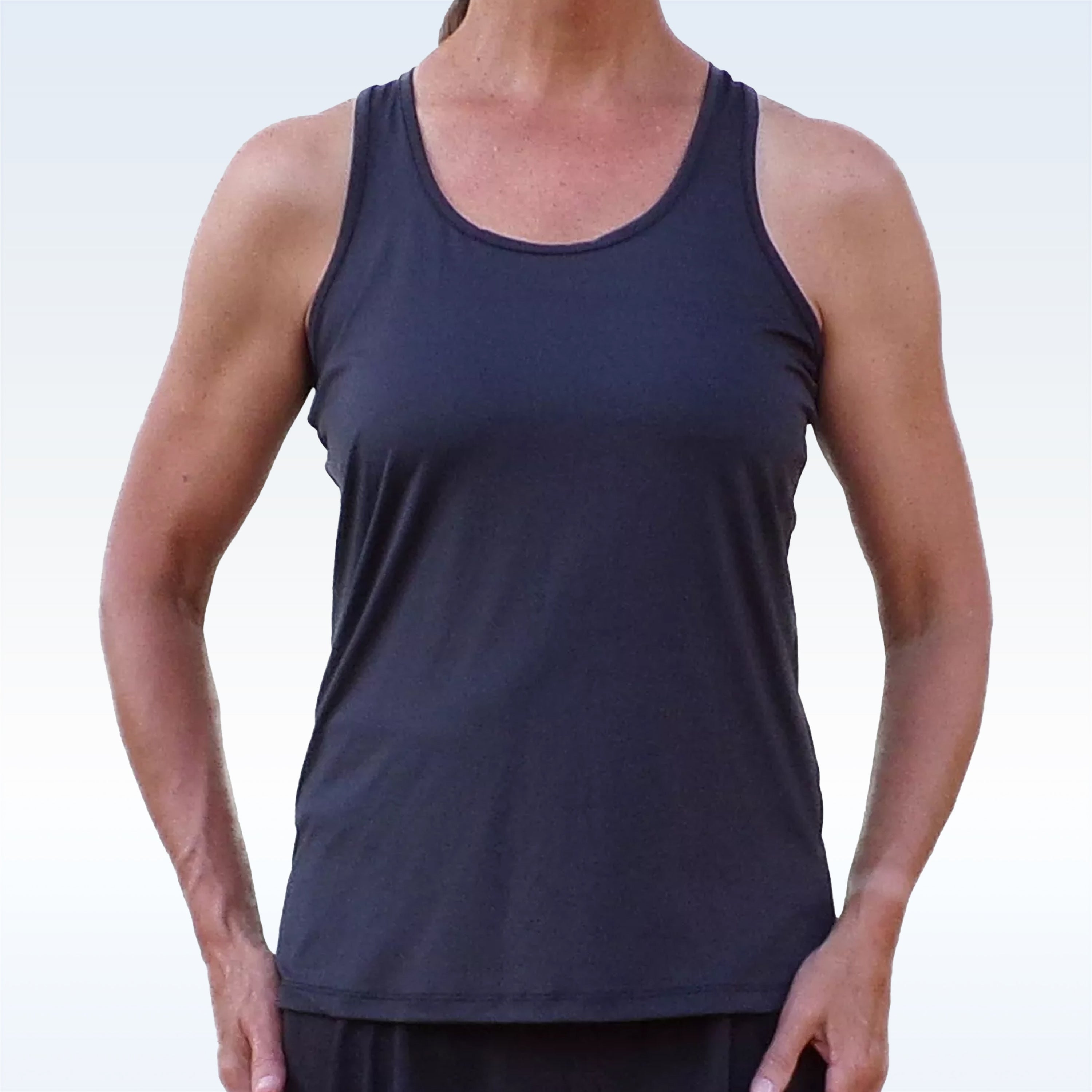 Black Racerback Tank by Pickleball Bella with a scoop neck and smooth athletic fabric.
