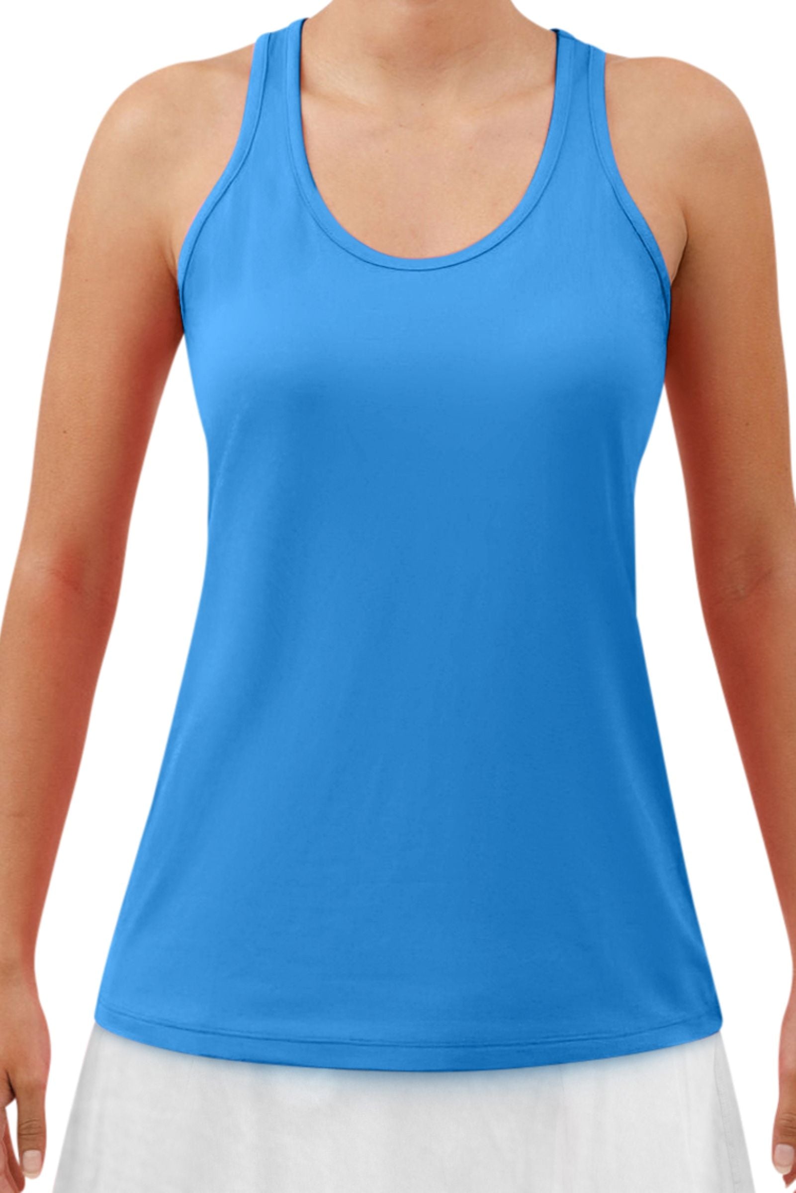 Electric Blue Racerback Tank by Pickleball Bella, worn by a person with a white skirt.