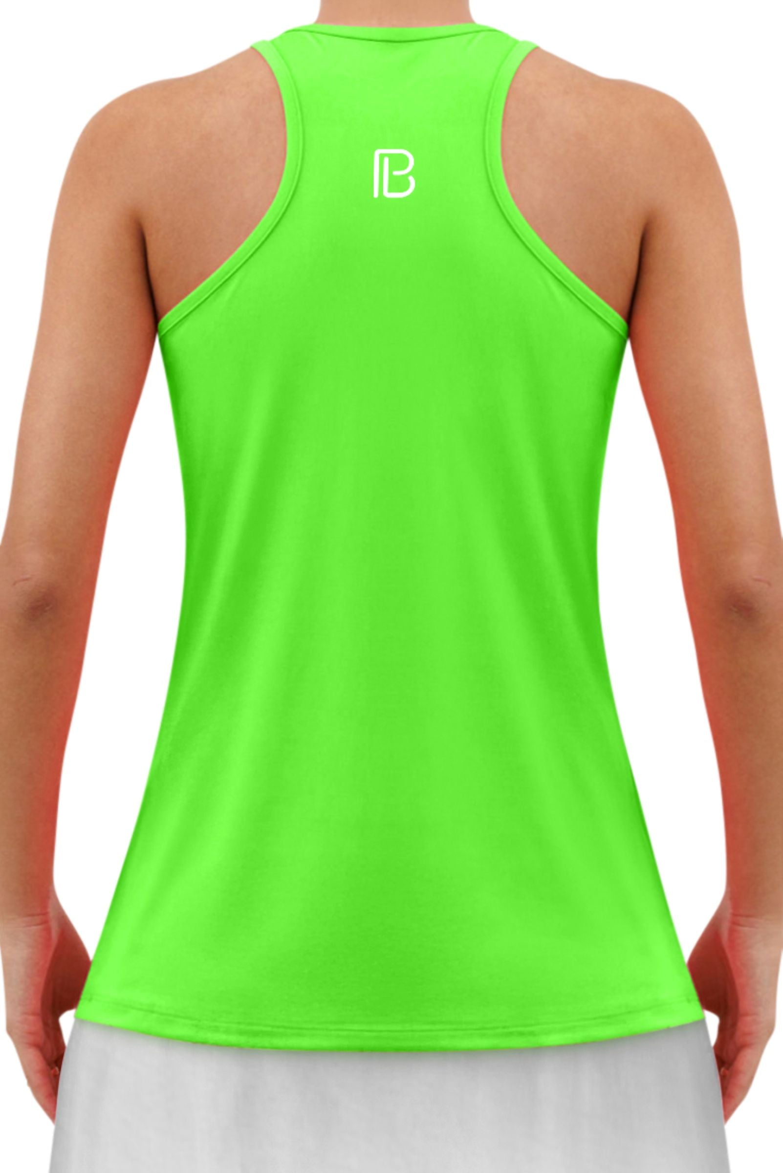 Gecko Green racerback tank by Pickleball Bella with a white 'B' logo on the back, worn with a white skirt.