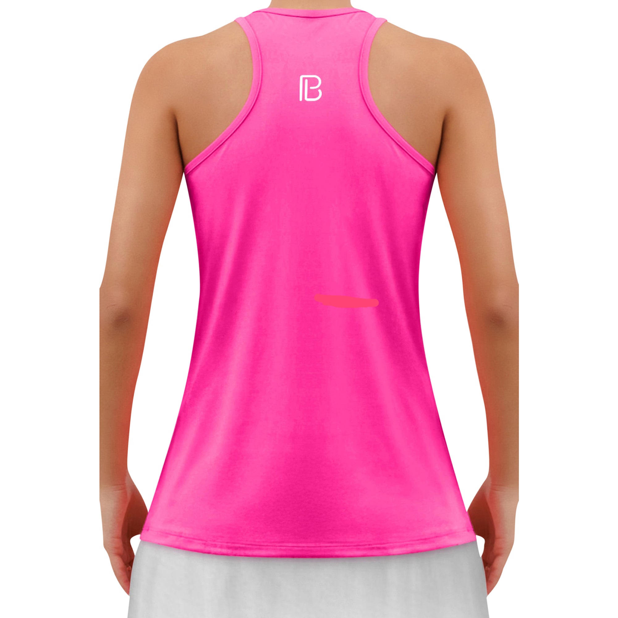 Hot Pink Racerback Tank by Pickleball Bella, with a white "PB" logo on the upper back, worn over a white skirt, back view.