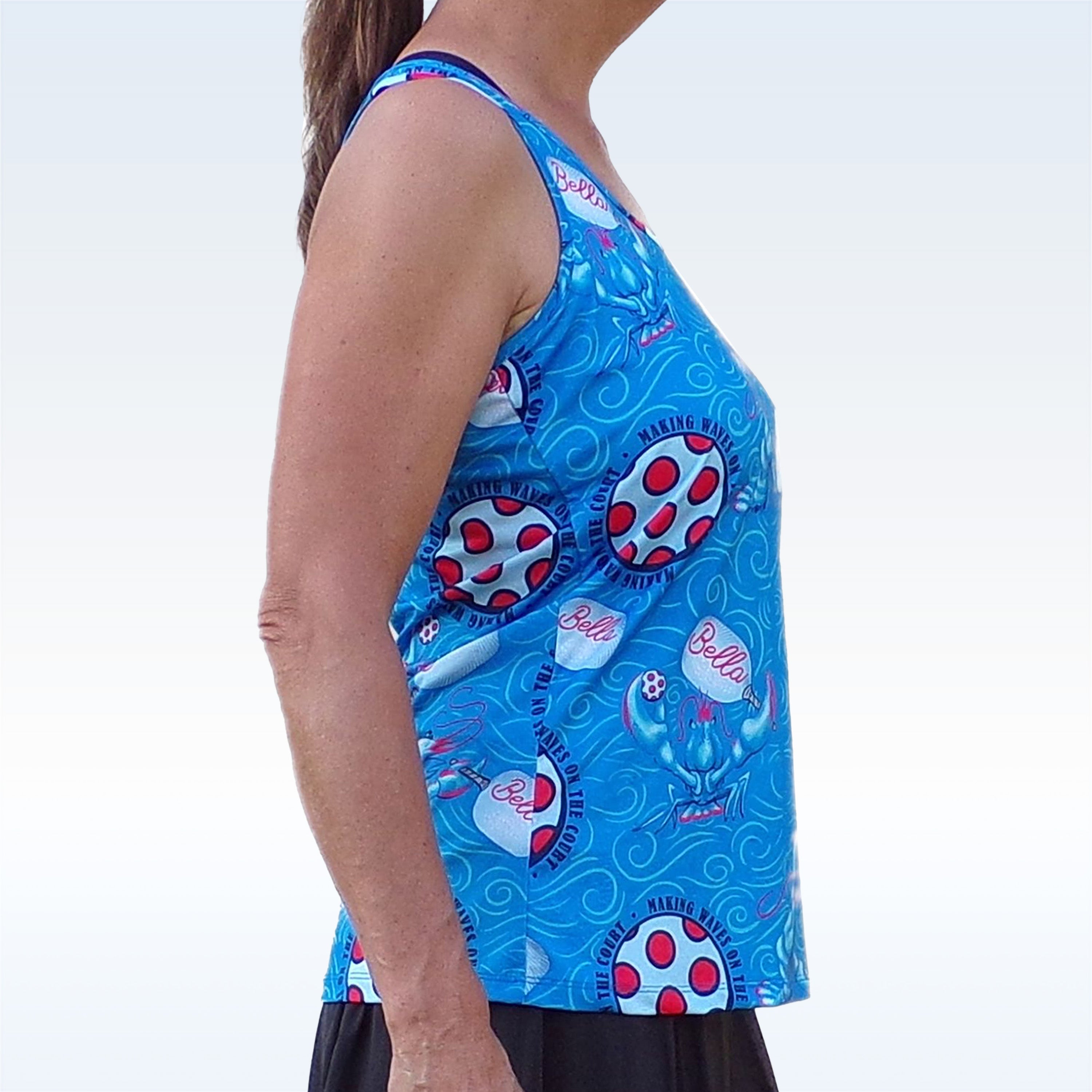 Blue racerback tank by Pickleball Bella with a lobster monster, pickleballs, and 'Making Waves on the Court' print.
