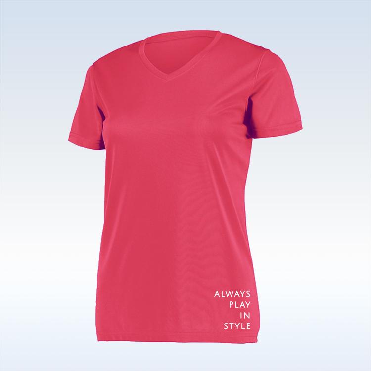 Pink short sleeve V-neck tee by Pickleball Bella, featuring "ALWAYS PLAY IN STYLE" text on the lower right.