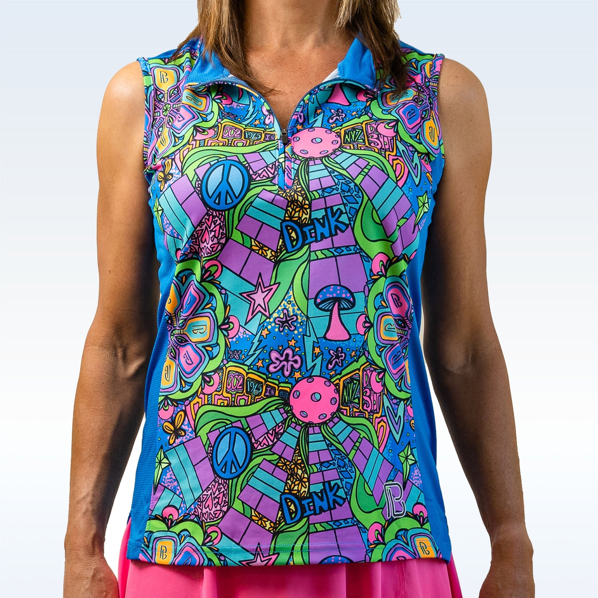 Groovy patterned blue 1/4 zip sleeveless top by Pickleball Bella, with peace signs, mushrooms, and 'DINK' text.