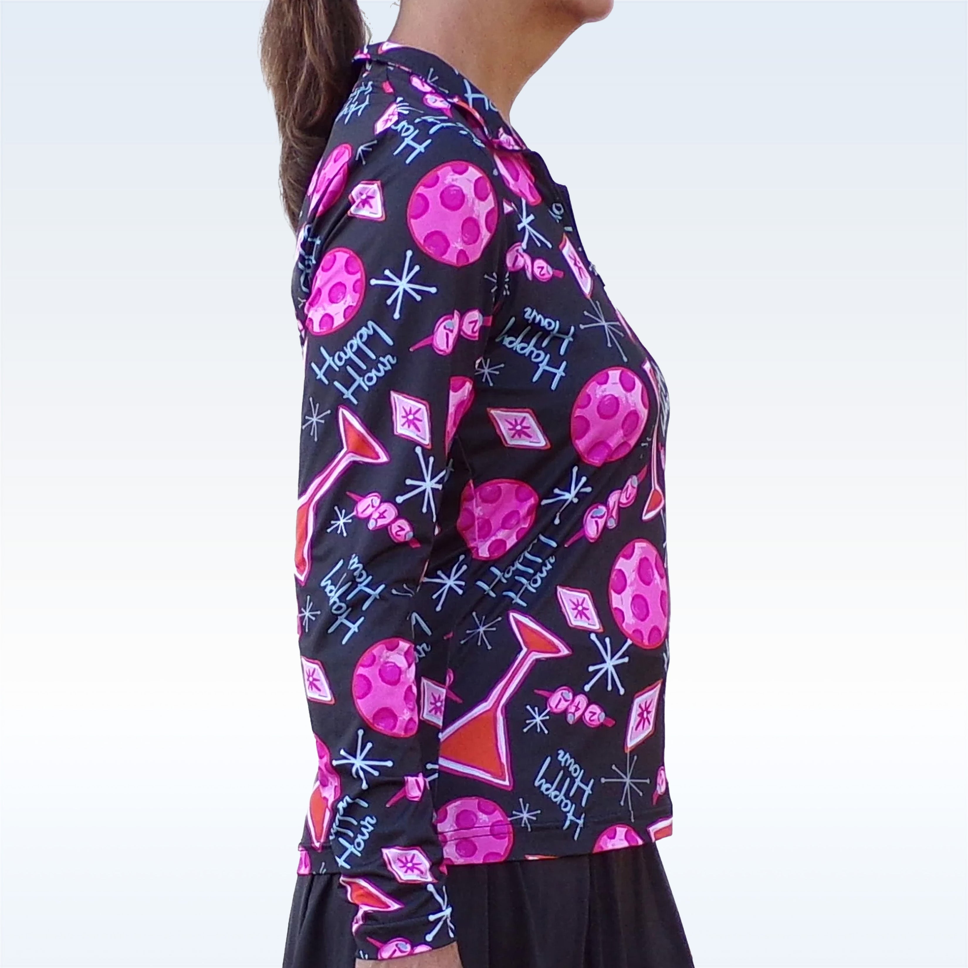 Black 1/4 Zip Pullover by Pickleball Bella with a Happy Hour martini and polka dot pattern, shown in a side view.