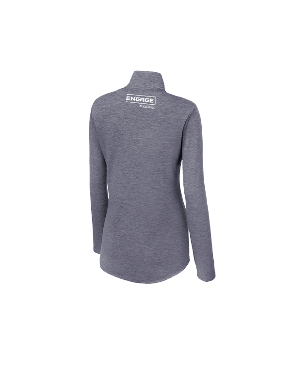 Women's grey heathered long-sleeve 1/4-zip pullover by EngagePickleball, with "ENGAGE PICKLEBALL" logo on upper back, back view.