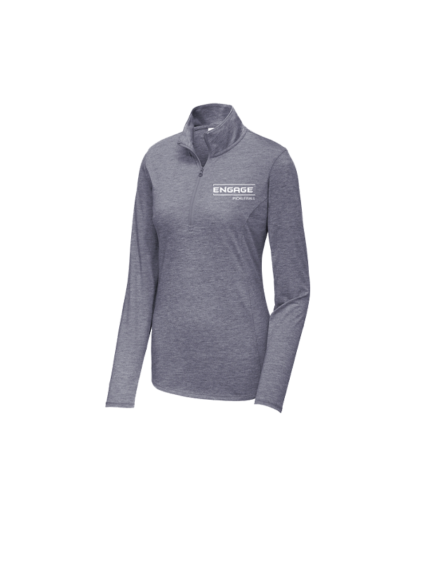 Heather gray women's 1/4-zip pullover by EngagePickleball with a small white logo on the chest.