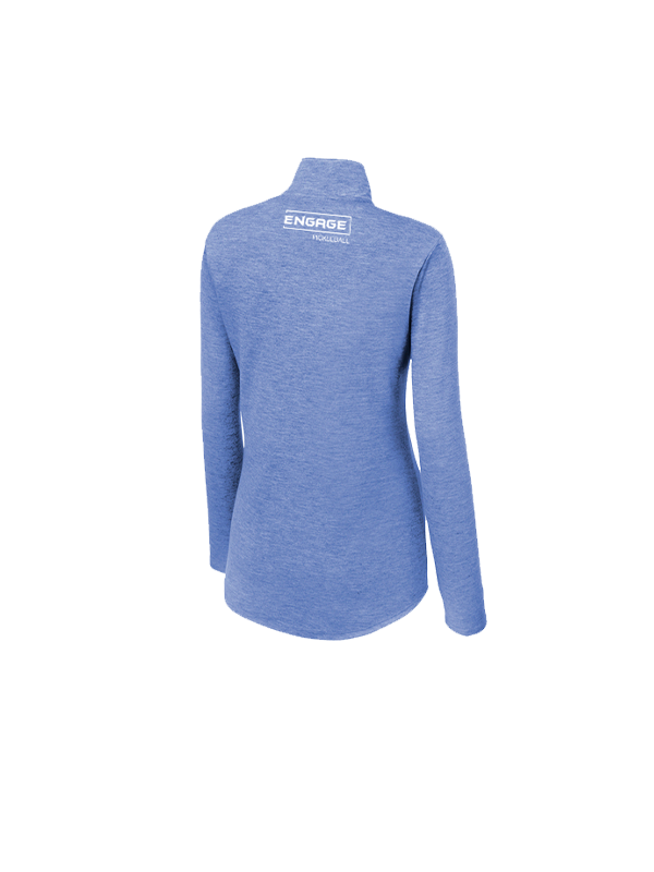 Women's blue heathered 1/4-zip pullover by EngagePickleball with white logo on the upper back, shown from the back view.