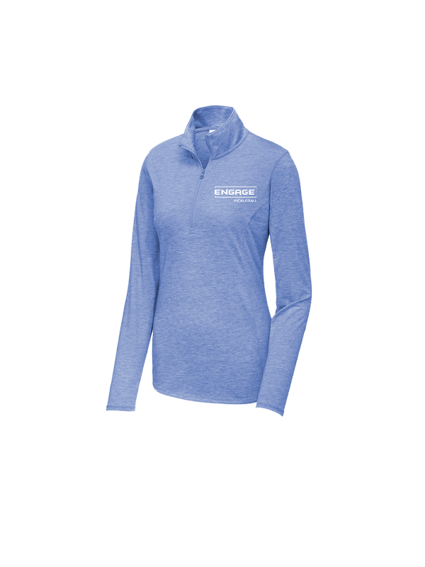 A women's light blue heathered long-sleeve 1/4-zip pullover by EngagePickleball, featuring a white logo on the left chest.