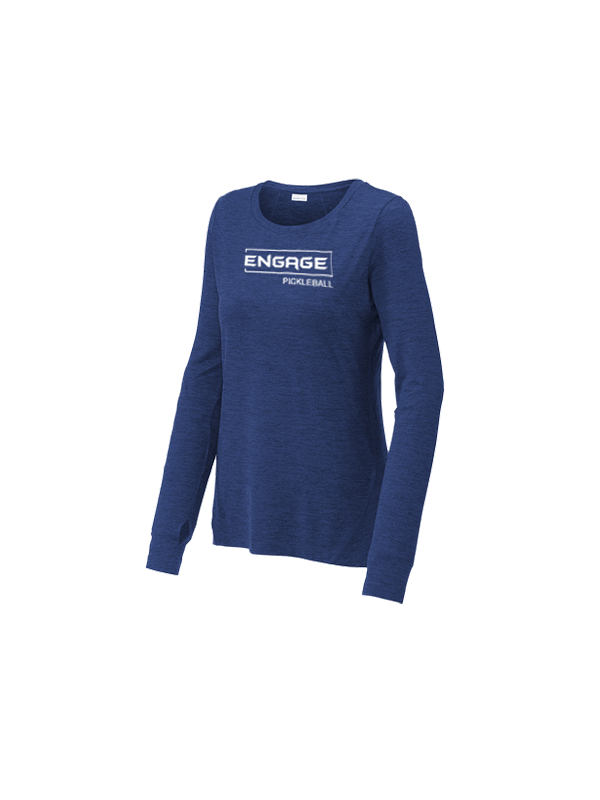 Women's heather blue long sleeve crew shirt by EngagePickleball with white "ENGAGE PICKLEBALL" logo on the chest.