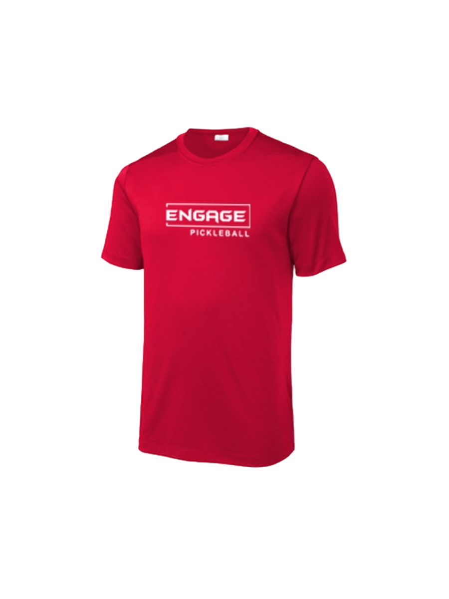 Men's red performance crew neck t-shirt by EngagePickleball with a white 'ENGAGE PICKLEBALL' logo on the chest.