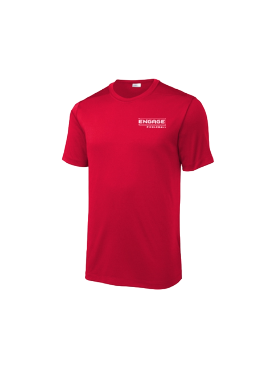 Red men's performance crew neck shirt by EngagePickleball with a white 'Engage Pickleball' logo on the left chest.
