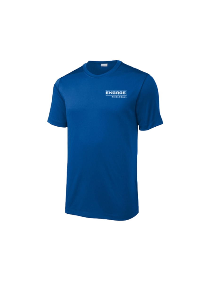 Blue Men's Performance Crew Neck T-Shirt by EngagePickleball with a white logo on the left chest.