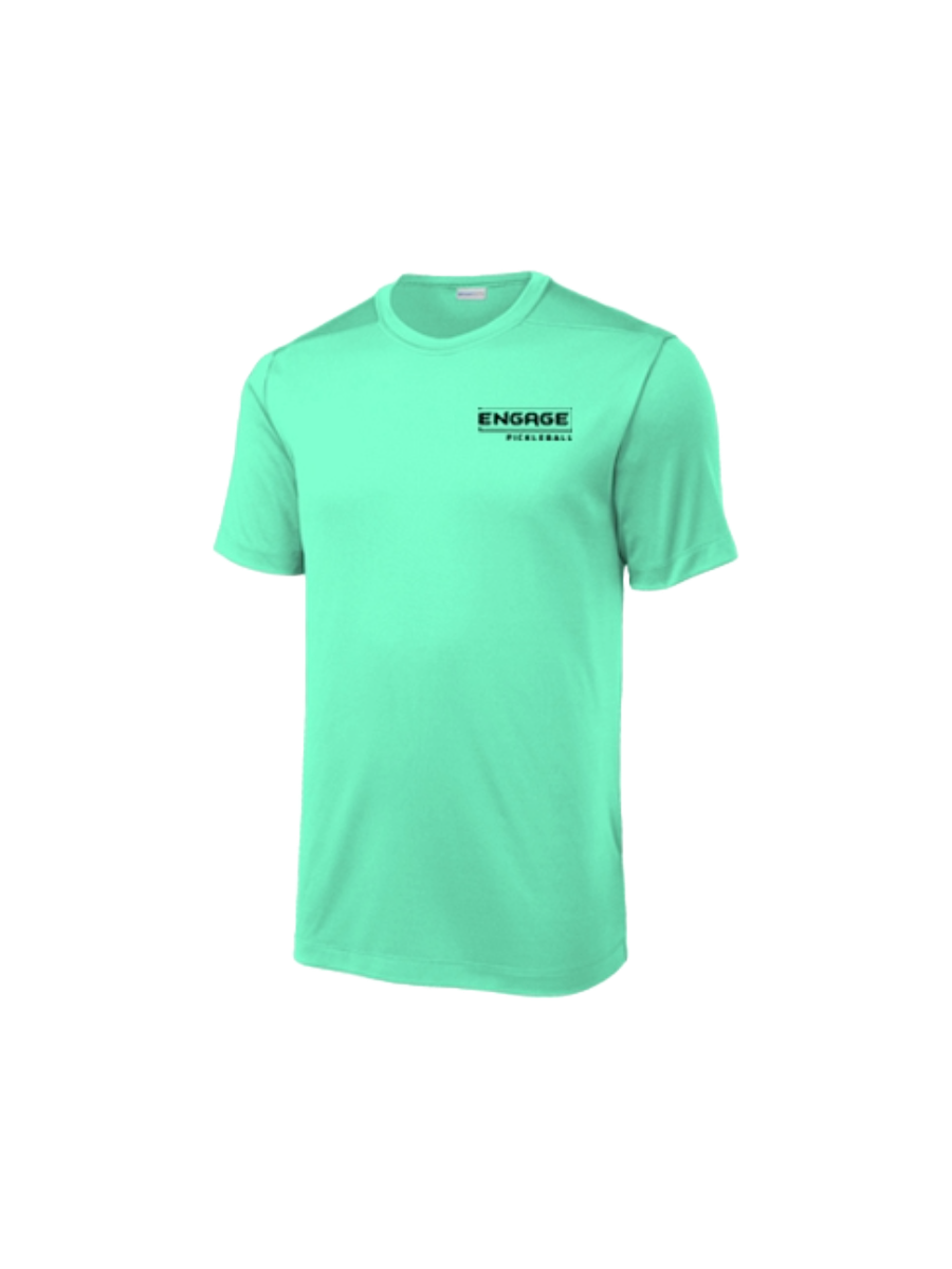 Mint green men's performance crew t-shirt by EngagePickleball with a black logo on the left chest.