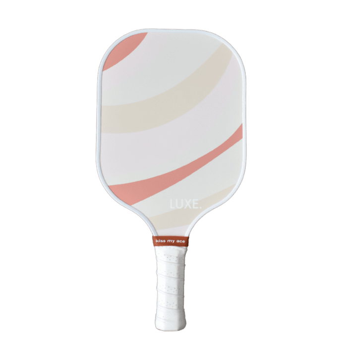Pickleball paddle with pink and tan curved stripe design and white grip.
