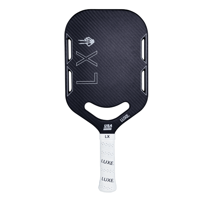 Pickleball paddle with a black head, white grip, and holes around the top.