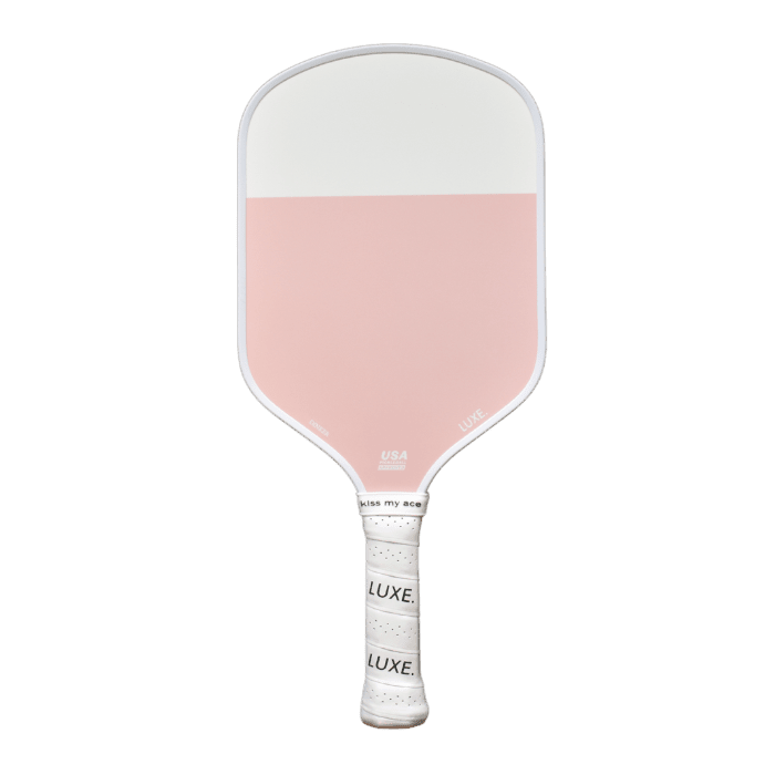 Pink and white pickleball paddle with white grip.