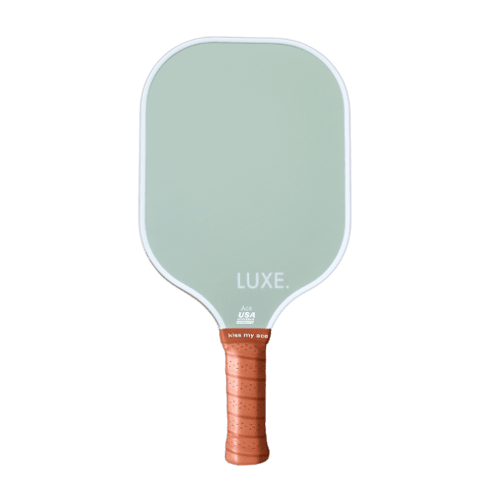 Green pickleball paddle with a brown grip.