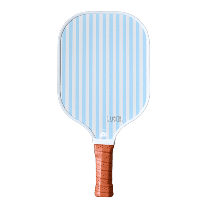 Blue and white striped pickleball paddle with brown grip.