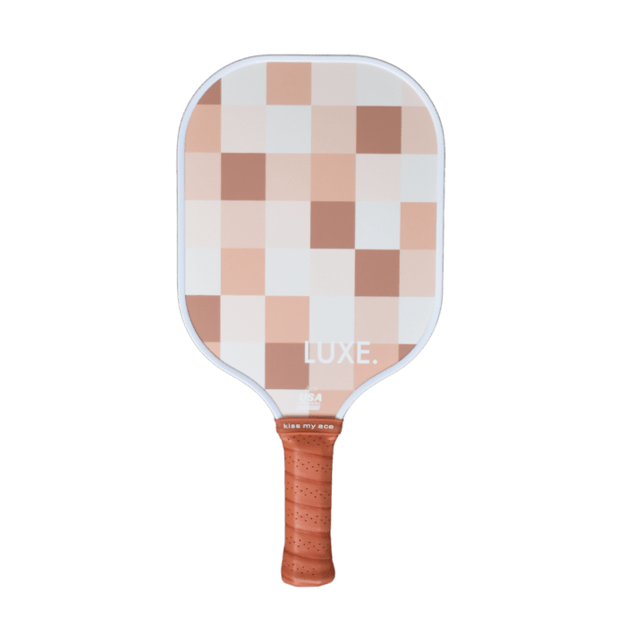 Pickleball paddle with a checkerboard pattern and brown grip.
