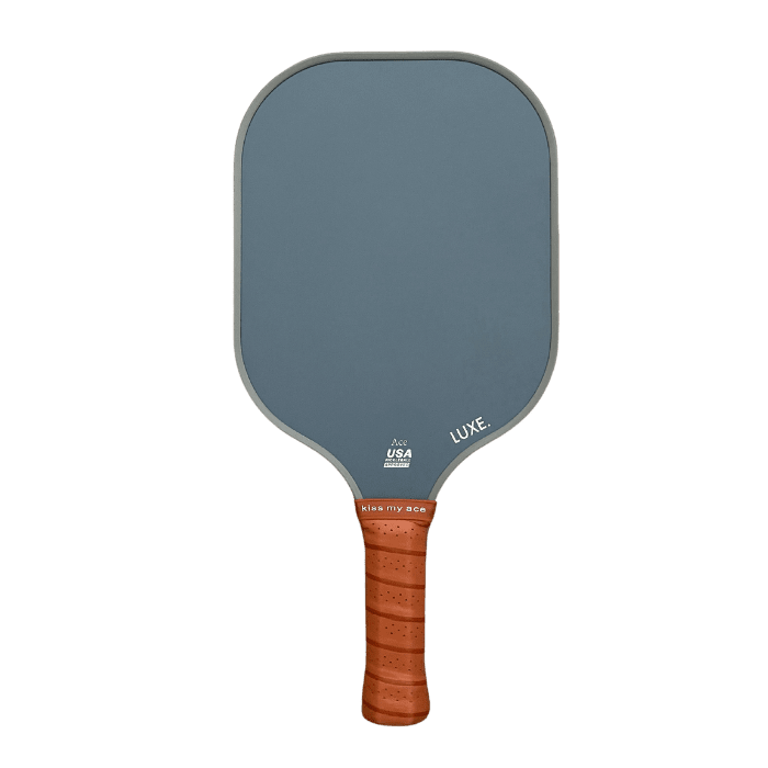 Blue pickleball paddle with brown grip.