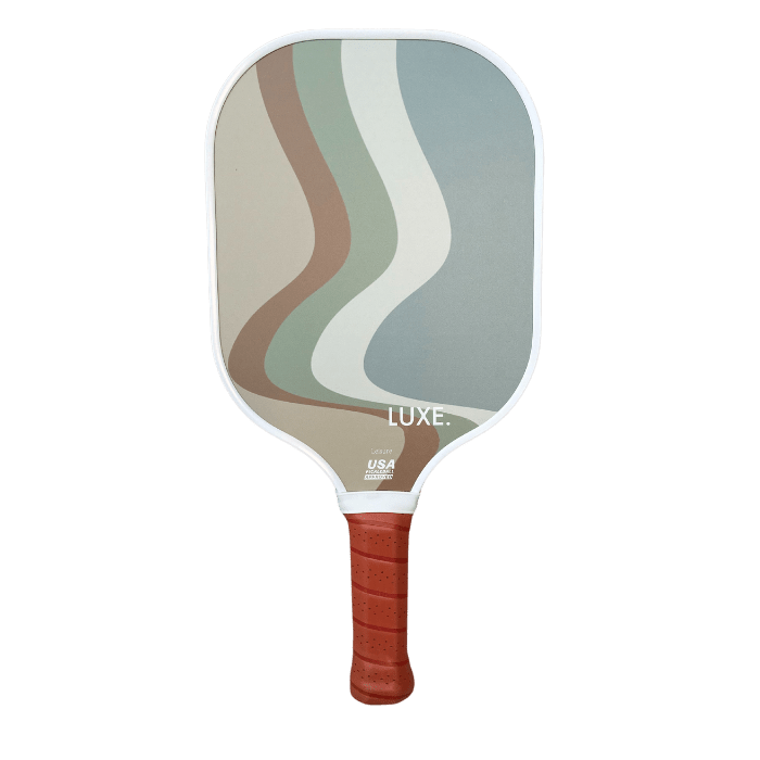Pickleball paddle with striped pattern, brown grip.
