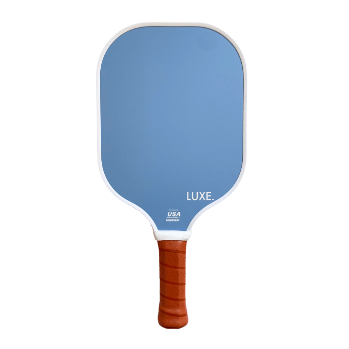 A blue and white pickleball paddle with a brown handle.