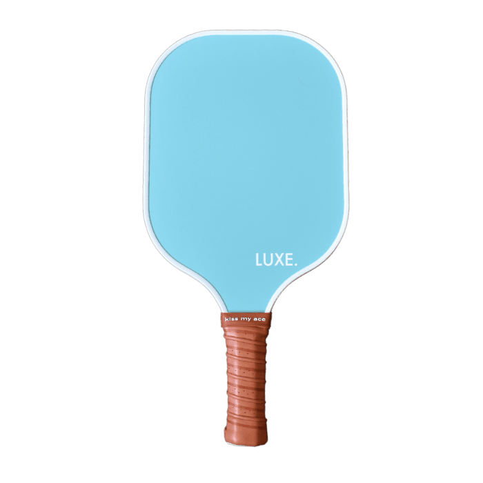 Light blue pickleball paddle with brown grip.