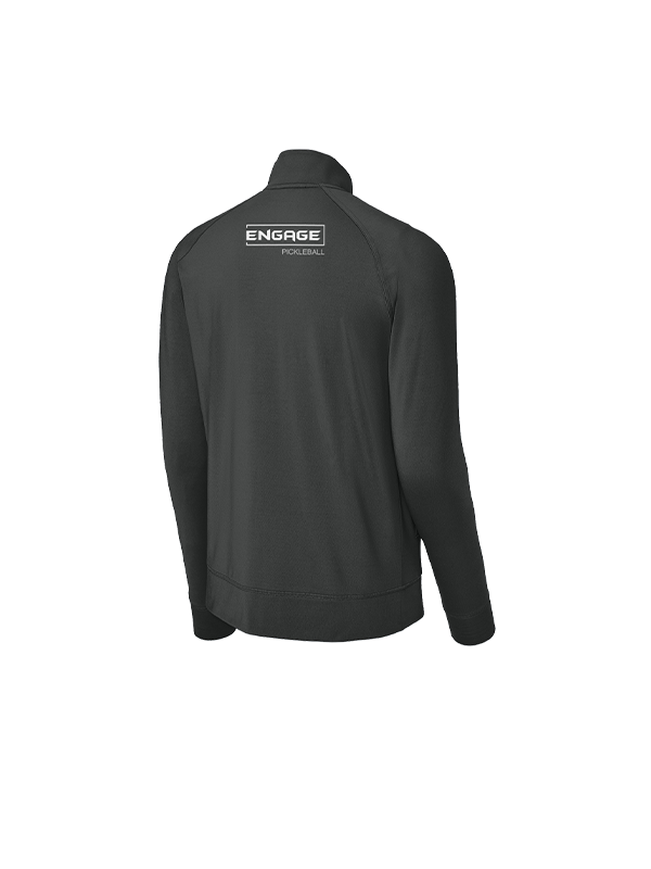 Dark grey men's warmup jacket by EngagePickleball with a white "ENGAGE PICKLEBALL" logo on the upper back, shown from the back view.