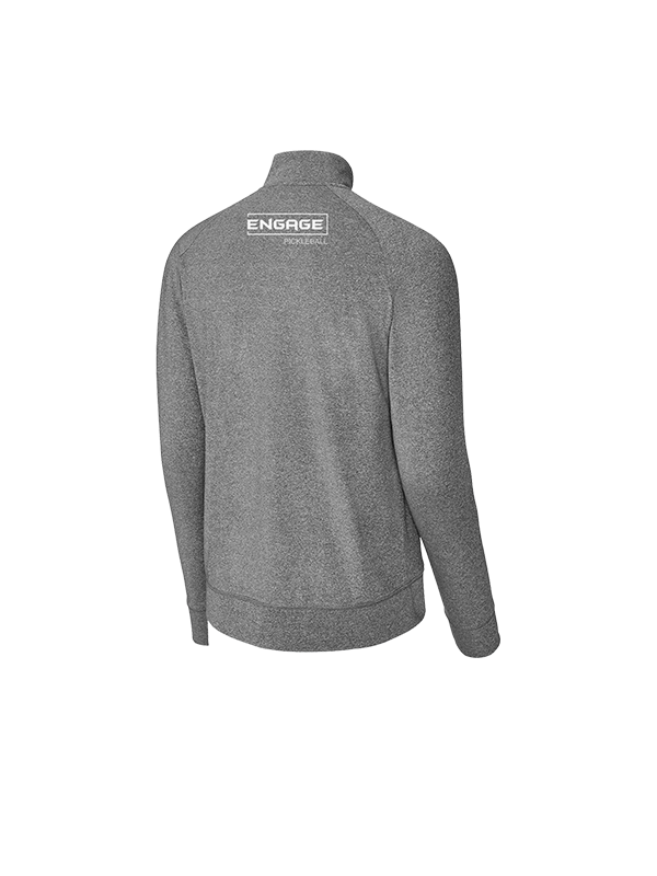 Men's heather grey Valor Warmup Jacket by EngagePickleball, back view, with a quarter-zip and white 'ENGAGE PICKLEBALL' logo.