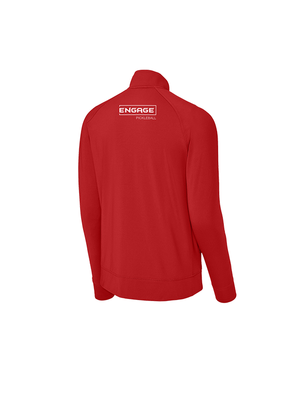 Red men's Valor warmup jacket by EngagePickleball, featuring a white "ENGAGE PICKLEBALL" logo on the upper back.