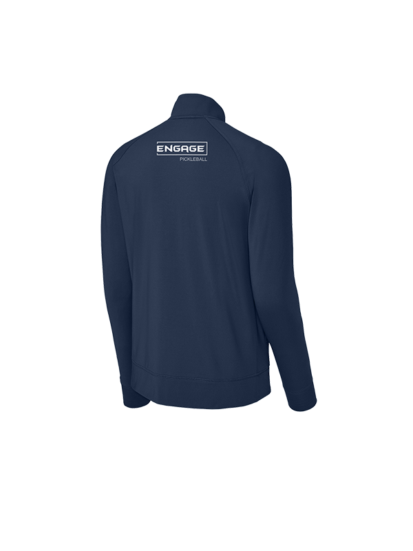 Men's dark blue warmup jacket by EngagePickleball, shown from the back with a white "Engage Pickleball" logo.