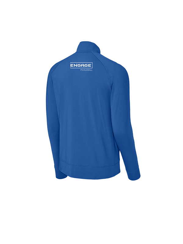Blue Men’s Valor Warmup Jacket by EngagePickleball, back view showing 'ENGAGE PICKLEBALL' logo on upper back.