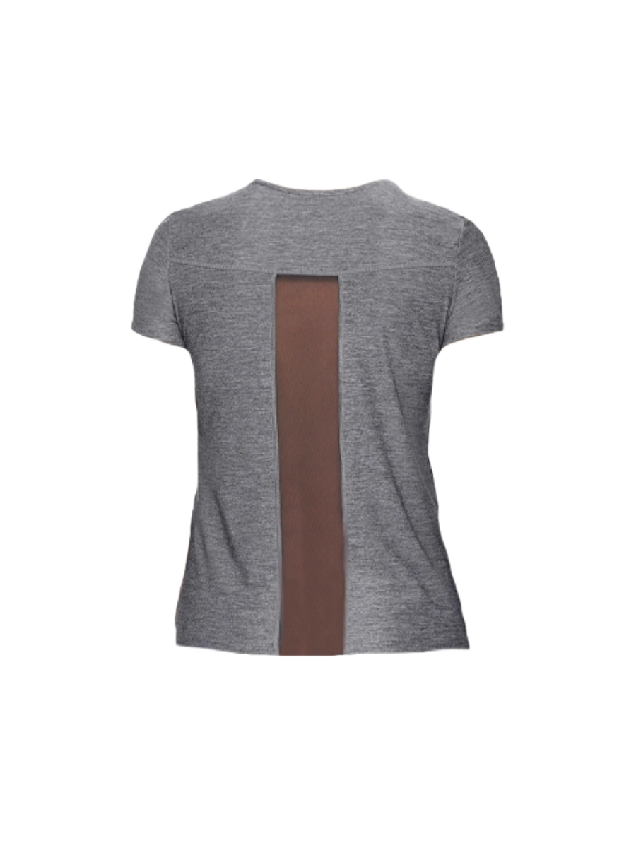 Grey women's short-sleeve crewneck t-shirt by EngagePickleball, featuring a vertical dark brown mesh panel on the back.