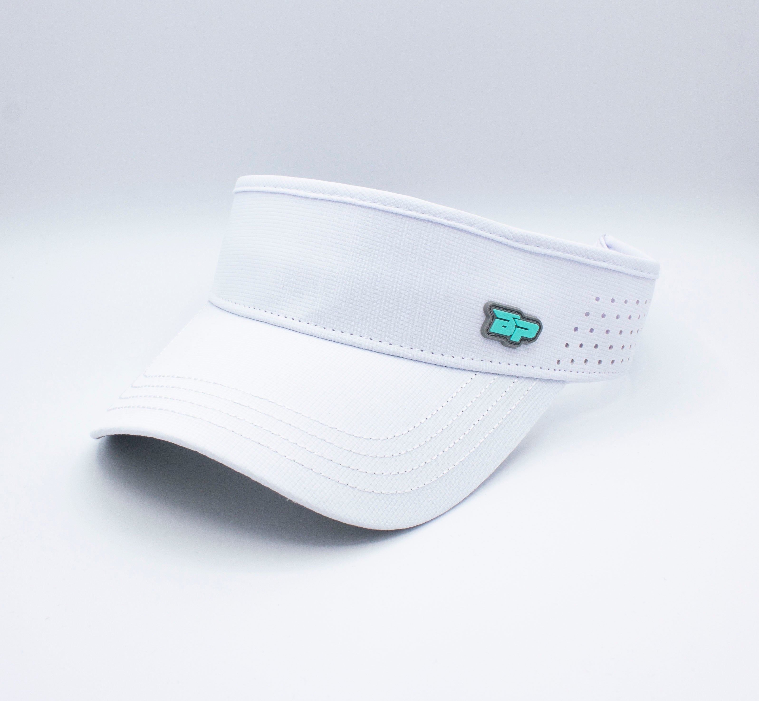 White visor with logo detail on a white background.