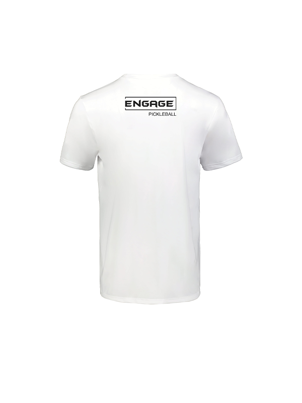White t-shirt by EngagePickleball, featuring a black "ENGAGE PICKLEBALL" logo on the upper back.