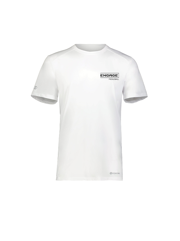 Men's white short-sleeve t-shirt by EngagePickleball, with a black 'Engage Pickleball' chest logo, sleeve emblem, and 'Coolcore' hem.