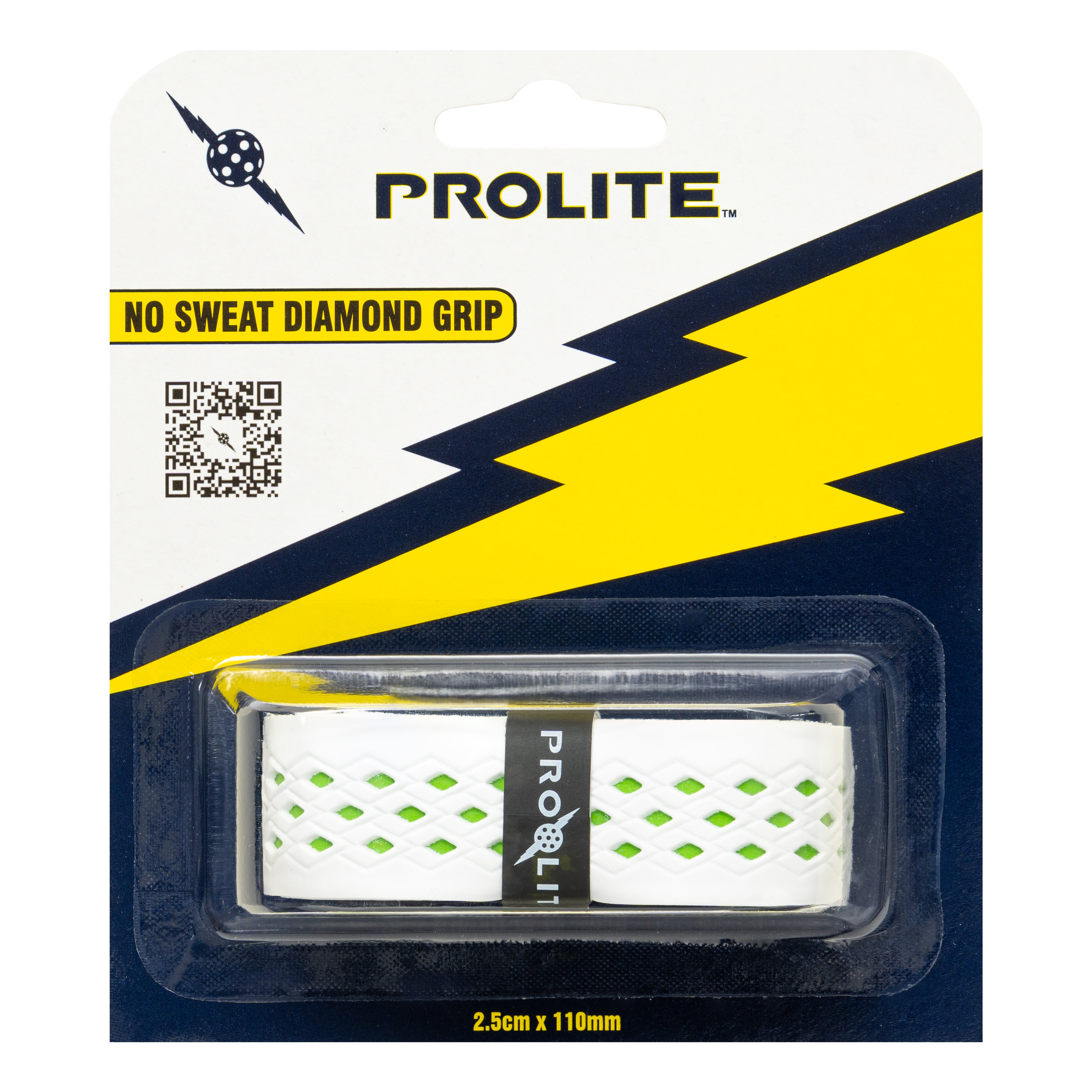 ProLite racquetball grip in white with green diamond-shaped holes, packaged in blue blister pack.