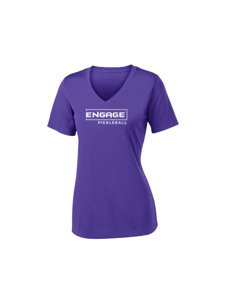 Purple women's V-neck sport shirt by EngagePickleball with a white 'ENGAGE PICKLEBALL' logo on the front.