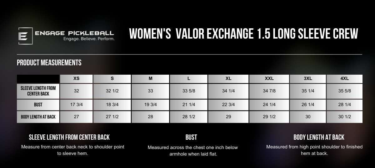 Women's long sleeve crew size chart by Engage Pickleball, showing sleeve length, bust, and body length for sizes XS-4XL.
