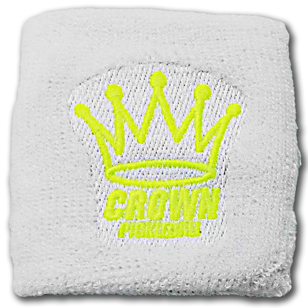 White wristband with a yellow crown logo.
