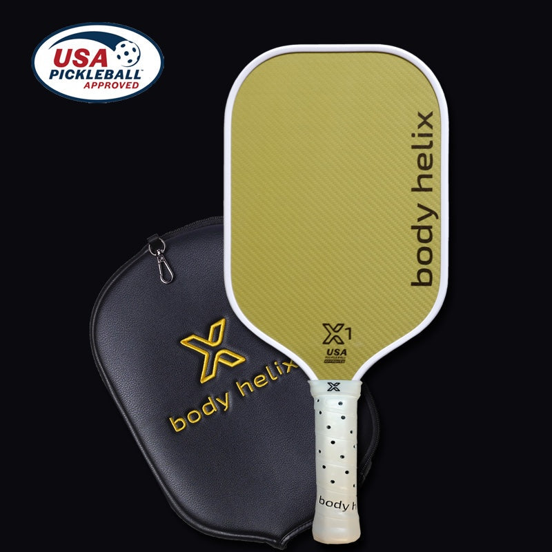 Olive green Body Helix pickleball paddle, case, and approval logo.