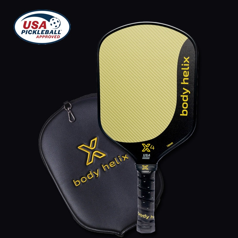 Black and yellow pickleball paddle with matching paddle cover.