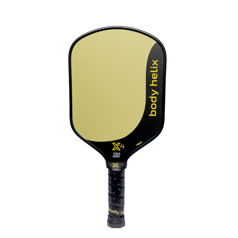 Black and gold Body Helix X4 pickleball paddle.
