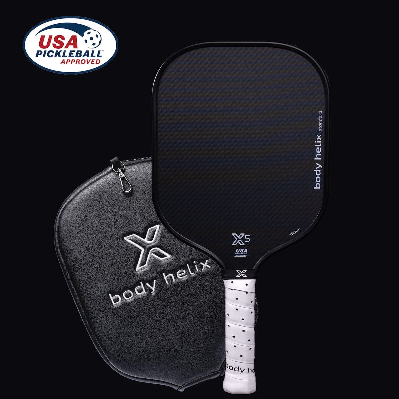 Here is a good alt tag for the image:

Black pickleball paddle and matching case with white accents, both displaying "body helix" branding.
