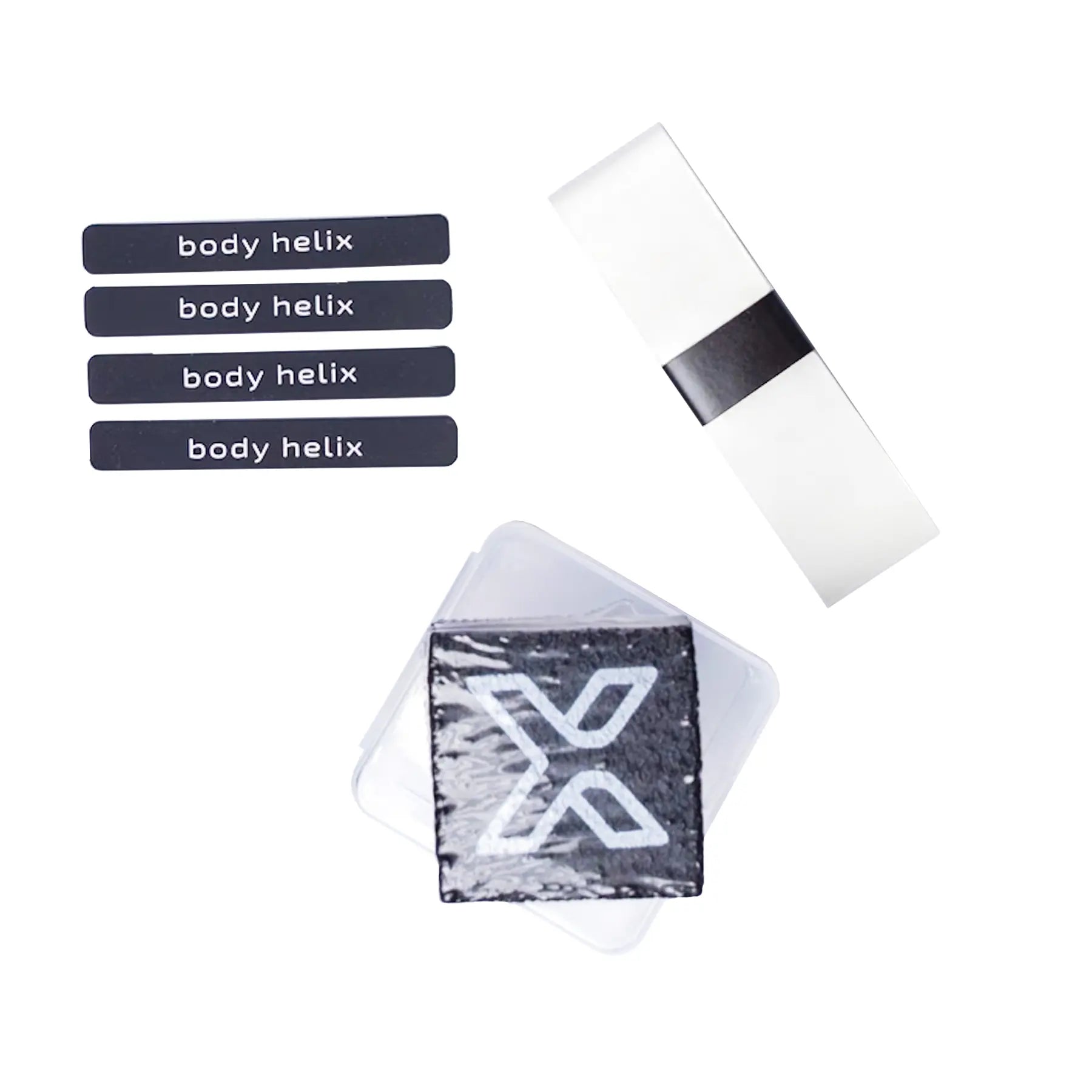 Product shot of four black body helix stickers, an x patch in a plastic case, and a white roll with a black stripe.